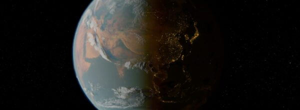 The earth from a satellite. Showing Africa and Southwest Asia in sunlight and Southeast Asia and China in darkness with lights showing population patterns