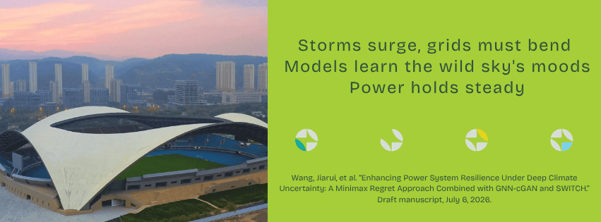 Modern power grid with climate resilience features and city skyline.