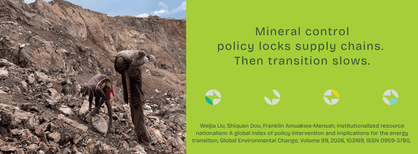Mineral extraction site with workers in a quarry, transition slow due to policy.